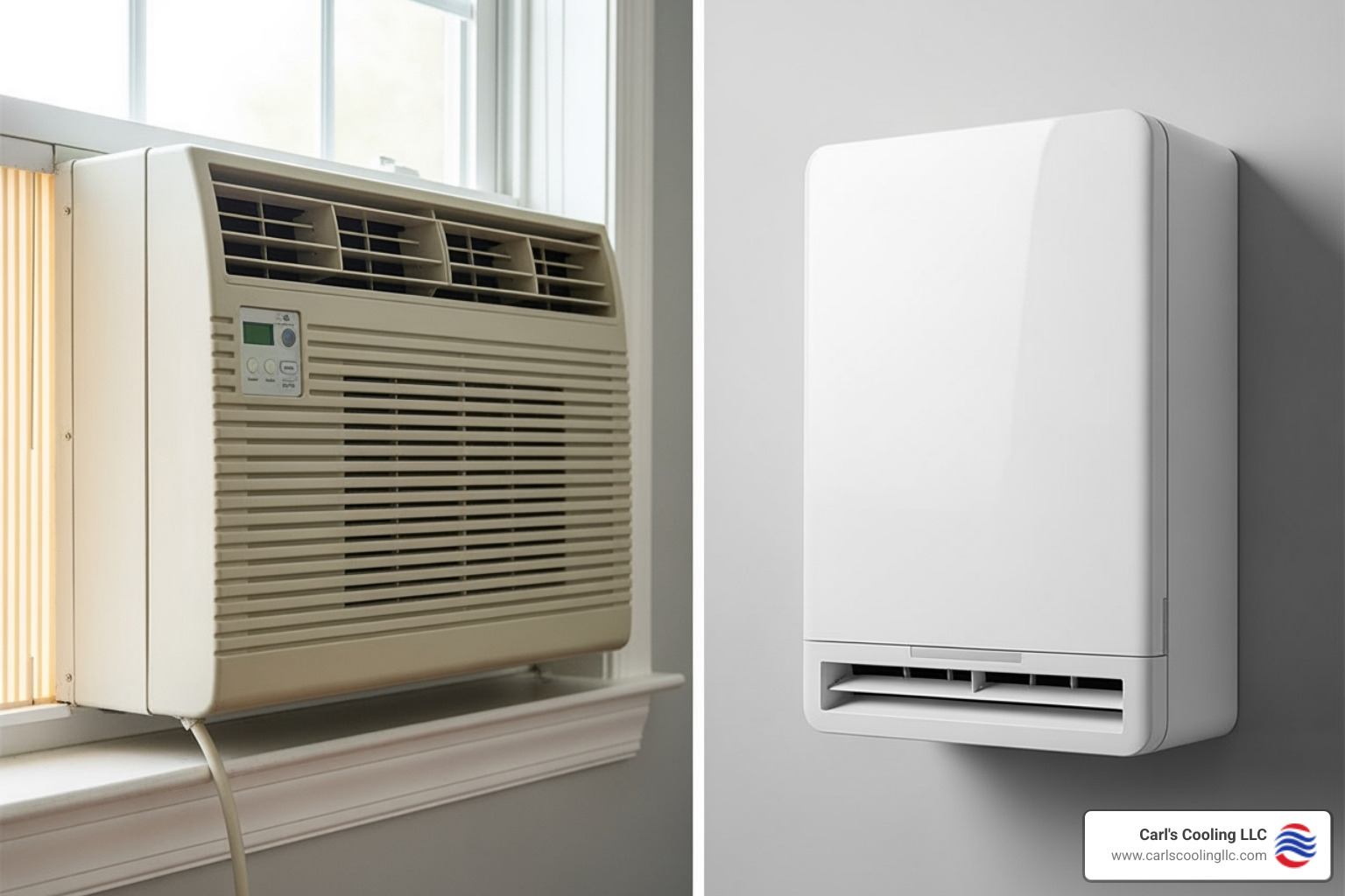 side-by-side comparison of a bulky window AC unit and a discreet mini-split indoor head - mini split heat pumps cypress side-by-side comparison of a bulky window AC unit and a discreet mini-split indoor head - mini split heat pumps cypress