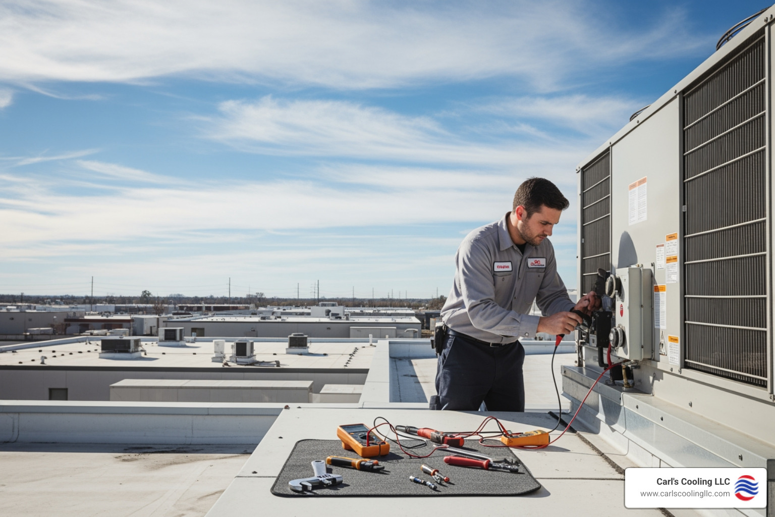 Infographic showing the main types of commercial heating services in Cleveland TX: Installation services including boilers furnaces heat pumps and rooftop units, Repair services covering emergency response system diagnostics and component replacement, and Maintenance services featuring preventive inspections cleaning and efficiency testing, with icons representing each service category and notation that Cleveland experiences temperatures above 95°F in summer and occasional freezing in winter - commercial heating services in cleveland, tx