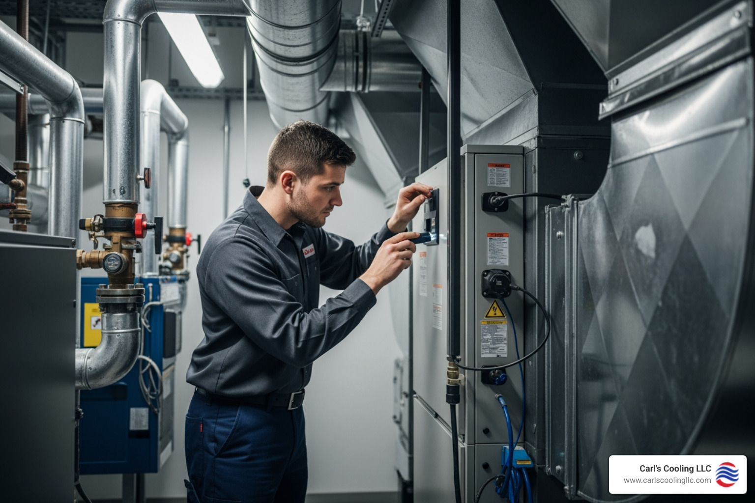 technician performing a detailed maintenance check on a commercial furnace - commercial heating services in forest woods, tx