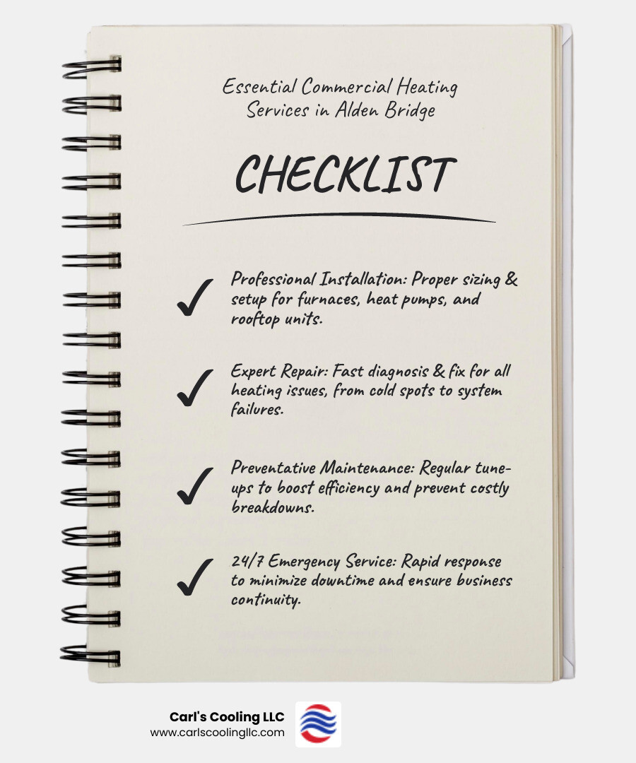 Infographic showing commercial heating system components including thermostat controls, ductwork distribution, furnace or heat pump units, air filters, and maintenance schedule recommendations specific to Texas climate conditions - commercial heating services in alden bridge, tx infographic checklist-notebook