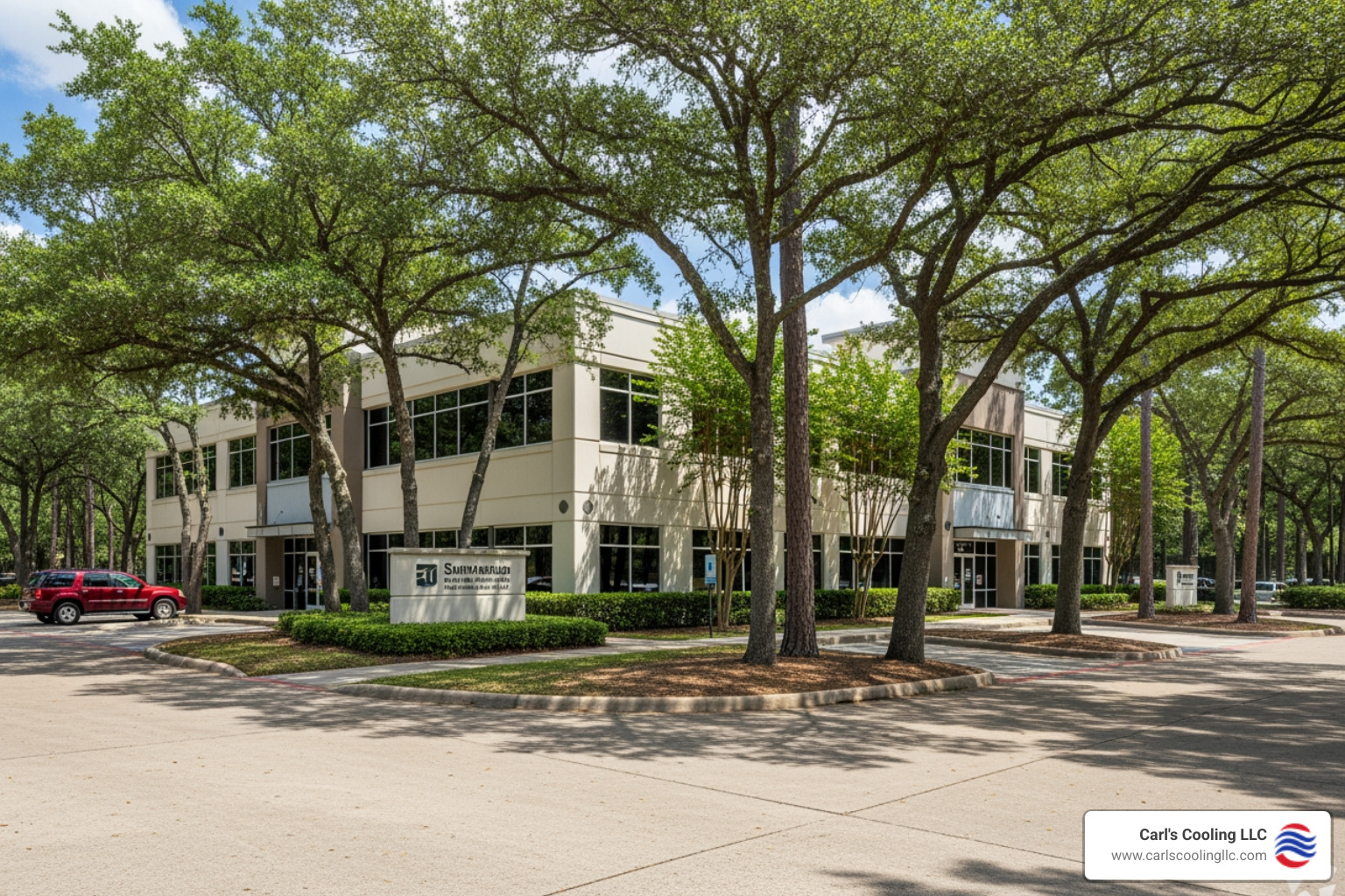 commercial building exterior in a wooded, suburban setting like The Woodlands - commercial heating services in alden bridge, tx