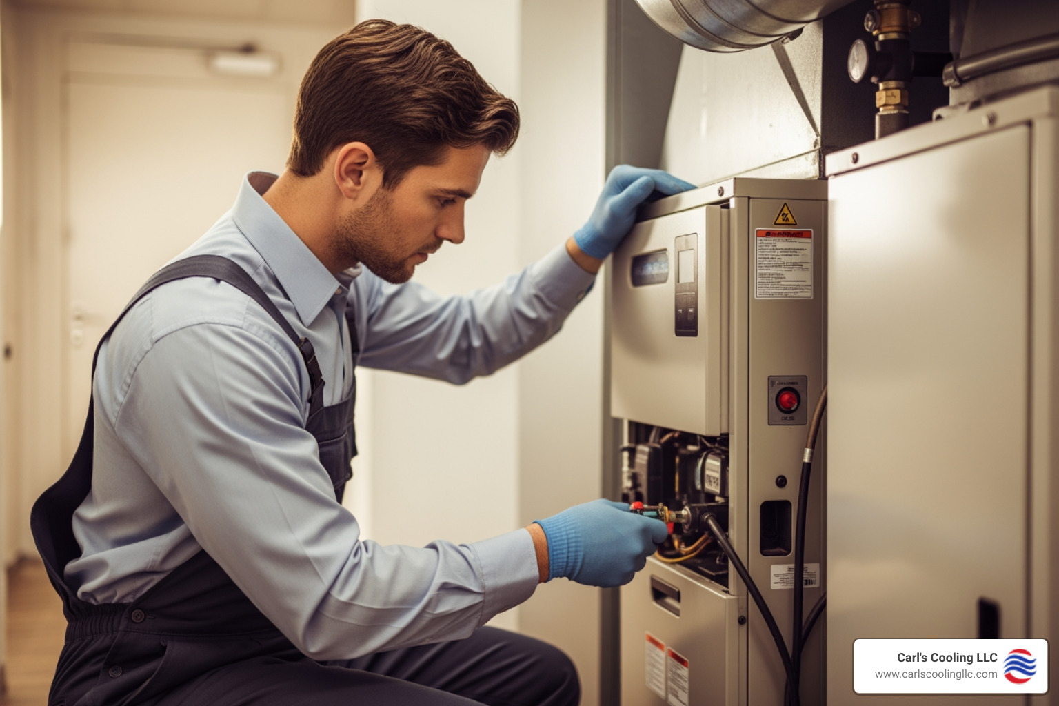 technician performing a maintenance check on a commercial furnace - commercial heating services in alden bridge, tx