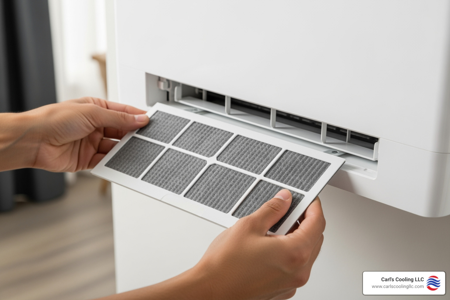 homeowner sliding air filter out of indoor unit - ductless mini split maintenance homeowner sliding air filter out of indoor unit - ductless mini split maintenance