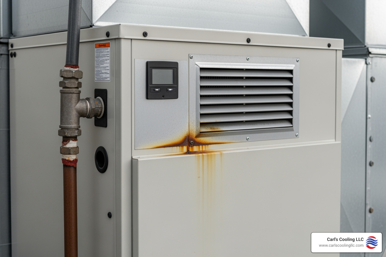 infographic showing 5 critical warning signs of commercial heating failure: inconsistent temperatures across zones, unusual grinding or banging noises from the unit, sudden spike in energy bills, frequent on-off cycling, and visible rust or corrosion on heating equipment - 24 hour commercial heating services in carriage hills, tx