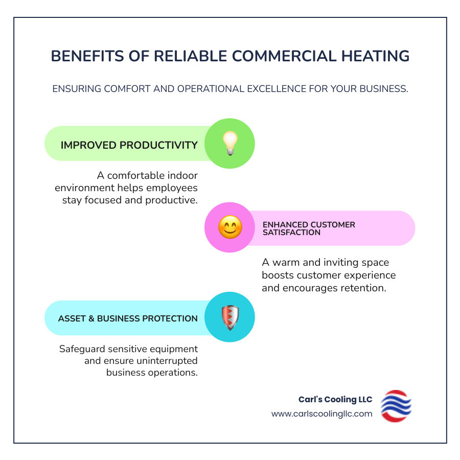 benefits of a reliable commercial heating system, showing icons for improved productivity, customer retention, and asset protection - top rated commercial heating services in blueberry hill, tx infographic infographic-line-3-steps-colors