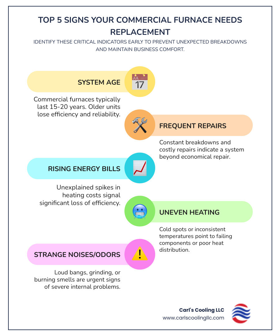 Infographic showing the top 5 signs a commercial furnace needs replacement: 1) System is 15-20 years old, 2) Frequent or costly repairs, 3) Rising energy bills without explanation, 4) Uneven heating or cold spots throughout building, 5) Strange noises, odors, or poor indoor air quality - commercial furnace installation in april sound, tx infographic infographic-line-5-steps-colors