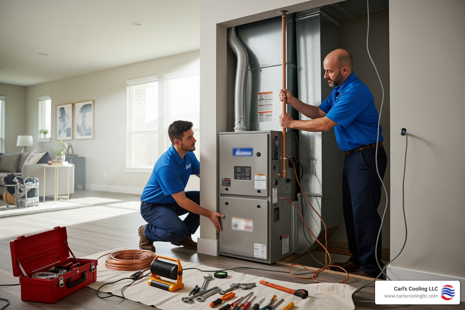 infographic showing furnace installation timeline, key decision factors including system type selection, proper sizing requirements, professional installation steps, and expected energy savings for April Sound TX homeowners - furnace installation in april sound tx