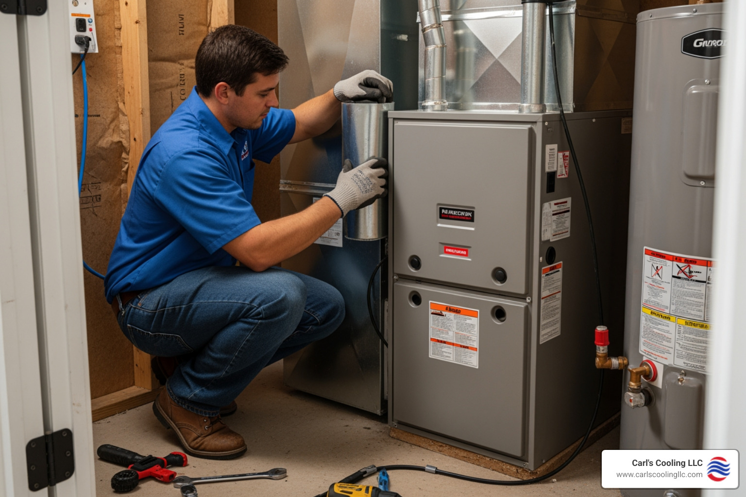 infographic showing five warning signs your furnace needs replacement: age over 15-20 years, rising energy bills, frequent repairs needed, uneven room temperatures, and strange noises like banging or grinding - furnace installation in alden bridge tx