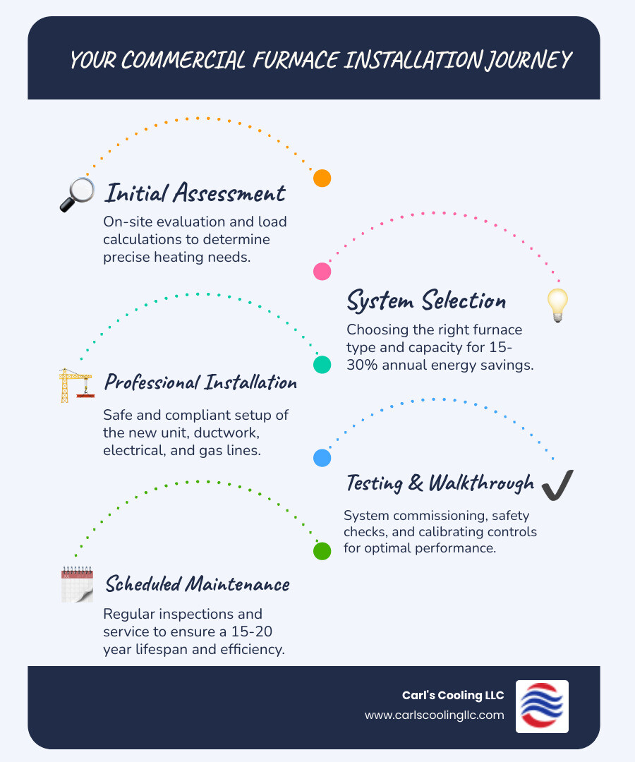 infographic showing commercial furnace installation process steps including initial assessment, system selection, professional installation, testing, and ongoing maintenance schedule with energy savings percentages and lifespan timeline - commercial furnace installation in blueberry hill, tx infographic infographic-line-5-steps-blues-accent_colors