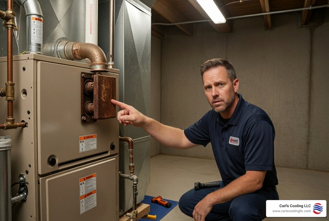 infographic showing five key signs your furnace needs replacement: age over 15 years, rising energy bills, frequent repairs, uneven heating, and strange noises or odors - residential furnace installation in bentwater, tx