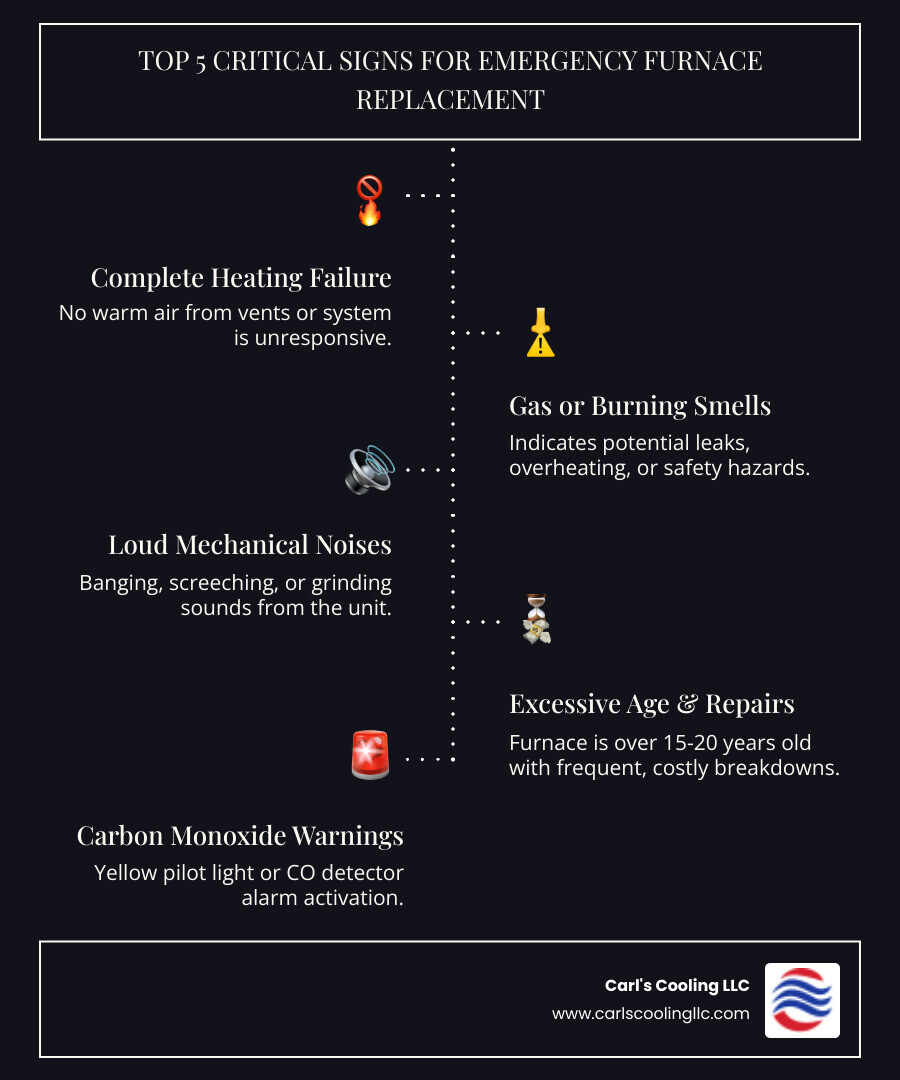 Infographic showing the top 5 critical signs requiring emergency furnace replacement: 1. Complete system failure with no heat production, 2. Gas leaks or strong burning odors indicating safety hazards, 3. Loud banging or screeching noises from mechanical failure, 4. Furnace age exceeding 15-20 years with frequent repairs, 5. Yellow pilot light or carbon monoxide detector warnings - emergency furnace installation in alden bridge, tx infographic infographic-line-5-steps-dark