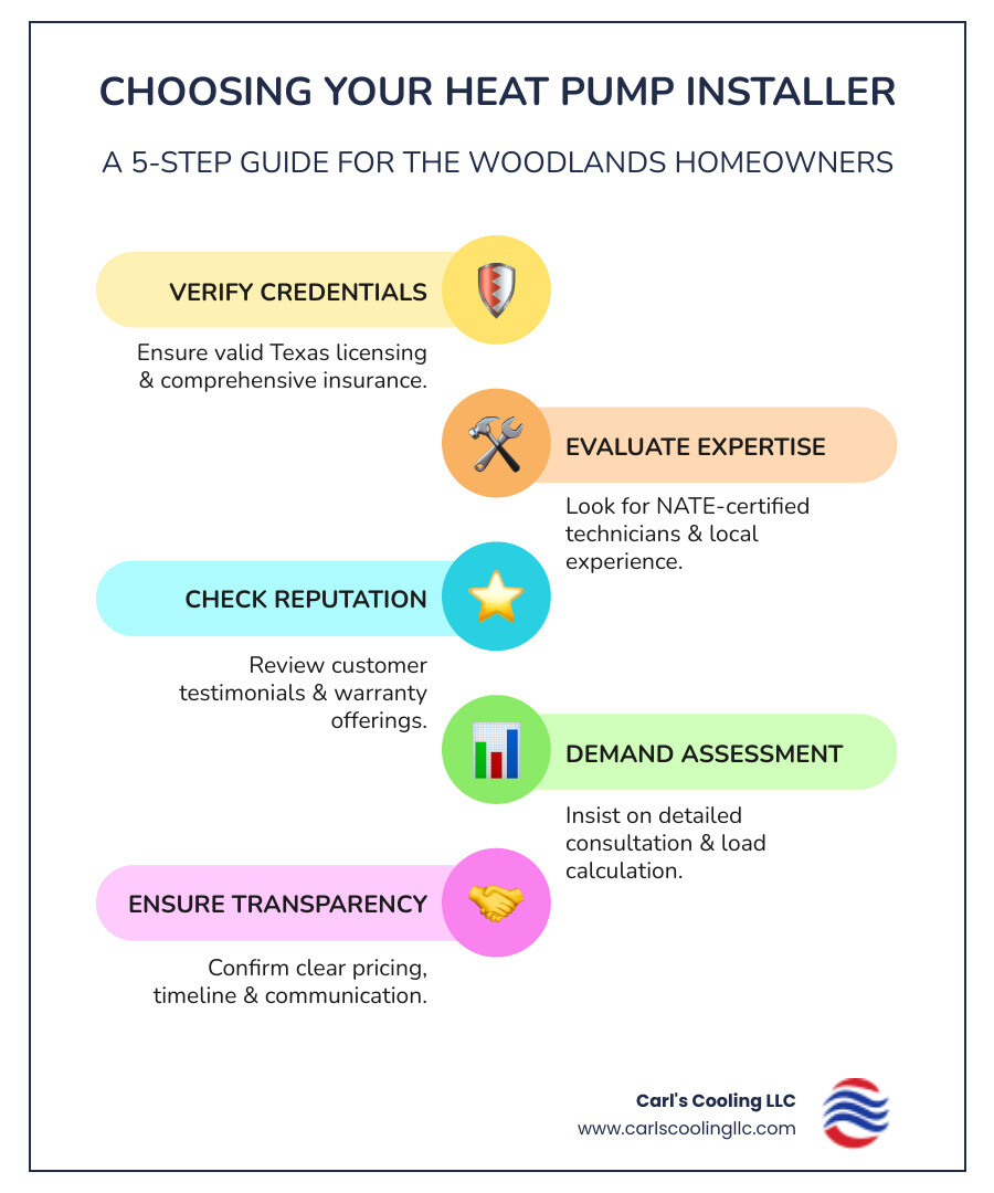 Infographic showing the heat pump installation selection process: Step 1 - Verify licensing and insurance credentials; Step 2 - Check for NATE certification and local experience; Step 3 - Review customer testimonials and warranties; Step 4 - Schedule a detailed home assessment; Step 5 - Confirm transparent pricing and timeline; Result - Professional installation with long-term energy savings and comfort - heat pump installation company in the woodlands, tx infographic infographic-line-5-steps-colors
