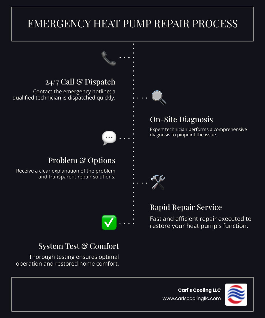 Infographic showing the emergency heat pump repair process: Step 1 - Call 24/7 hotline and describe the problem, Step 2 - Technician dispatched immediately with diagnostic equipment, Step 3 - On-site diagnosis identifies the issue, Step 4 - Clear explanation of problem and repair options, Step 5 - Fast repair restores heating and cooling, Step 6 - System tested to ensure proper operation - emergency heat pump repair in conroe, tx infographic infographic-line-5-steps-dark Infographic showing the emergency heat pump repair process: Step 1 - Call 24/7 hotline and describe the problem, Step 2 - Technician dispatched immediately with diagnostic equipment, Step 3 - On-site diagnosis identifies the issue, Step 4 - Clear explanation of problem and repair options, Step 5 - Fast repair restores heating and cooling, Step 6 - System tested to ensure proper operation - emergency heat pump repair in conroe, tx infographic infographic-line-5-steps-dark