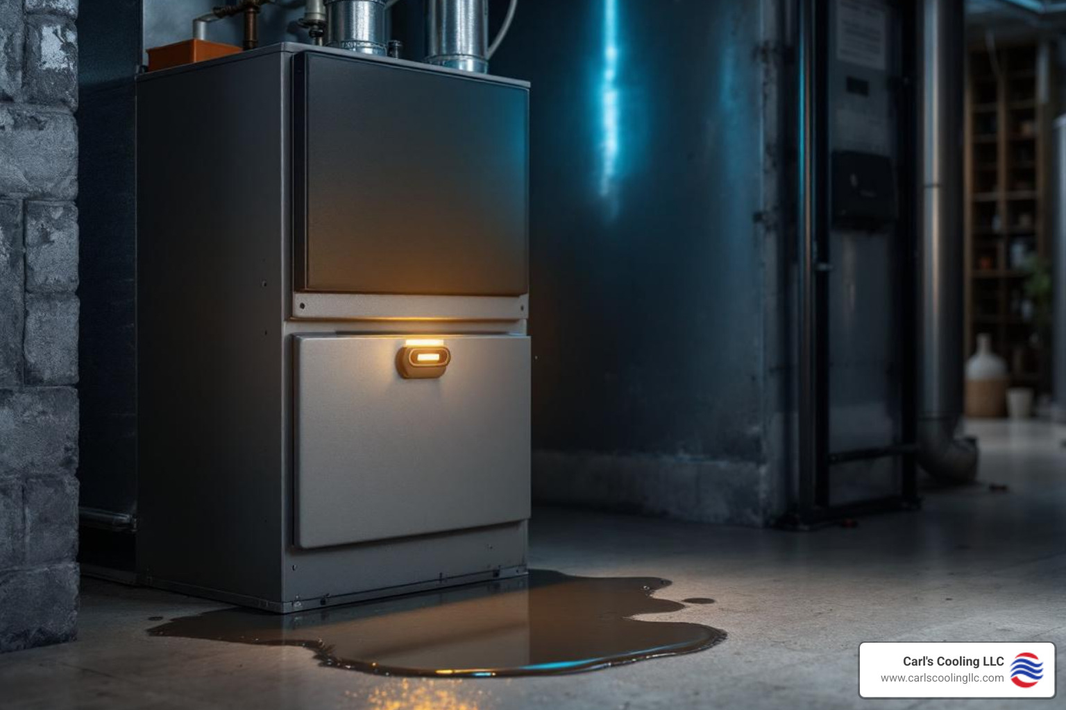 Infographic showing 5 critical signs you need emergency heating repair: 1) No heat production with thermostat set correctly, 2) Strong gas or burning smell near furnace, 3) Yellow pilot light instead of blue indicating carbon monoxide risk, 4) Loud mechanical noises like banging or screeching, 5) Water pooling around heating unit - emergency heating maintenance in conroe, tx