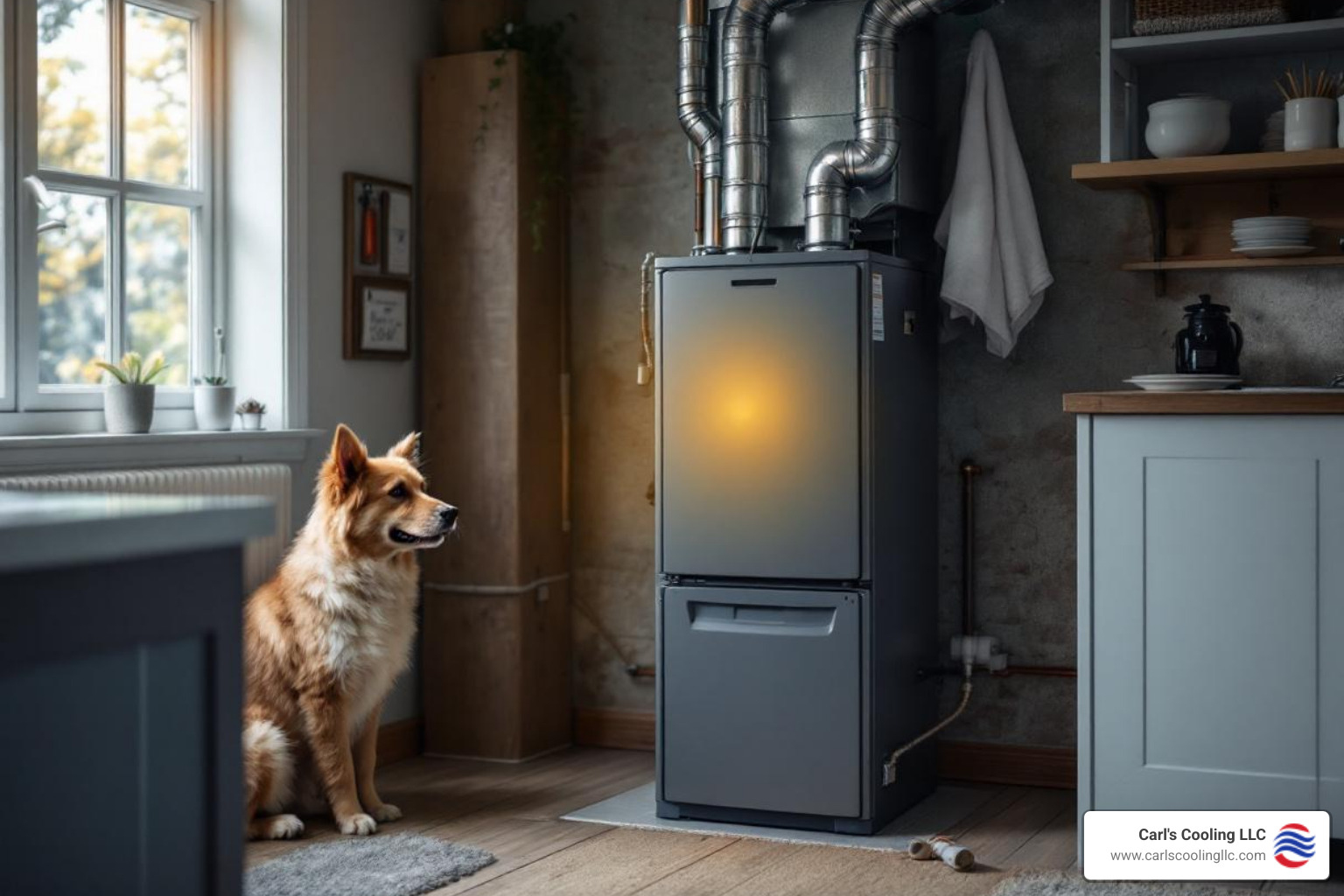 Infographic showing 5 warning signs that require emergency heating service: 1. Strange mechanical noises from the system, 2. Gas or burning odors in your home, 3. Complete loss of heat output, 4. Yellow or flickering pilot light flame, 5. System cycling on and off every few minutes - emergency heating maintenance in magnolia, tx