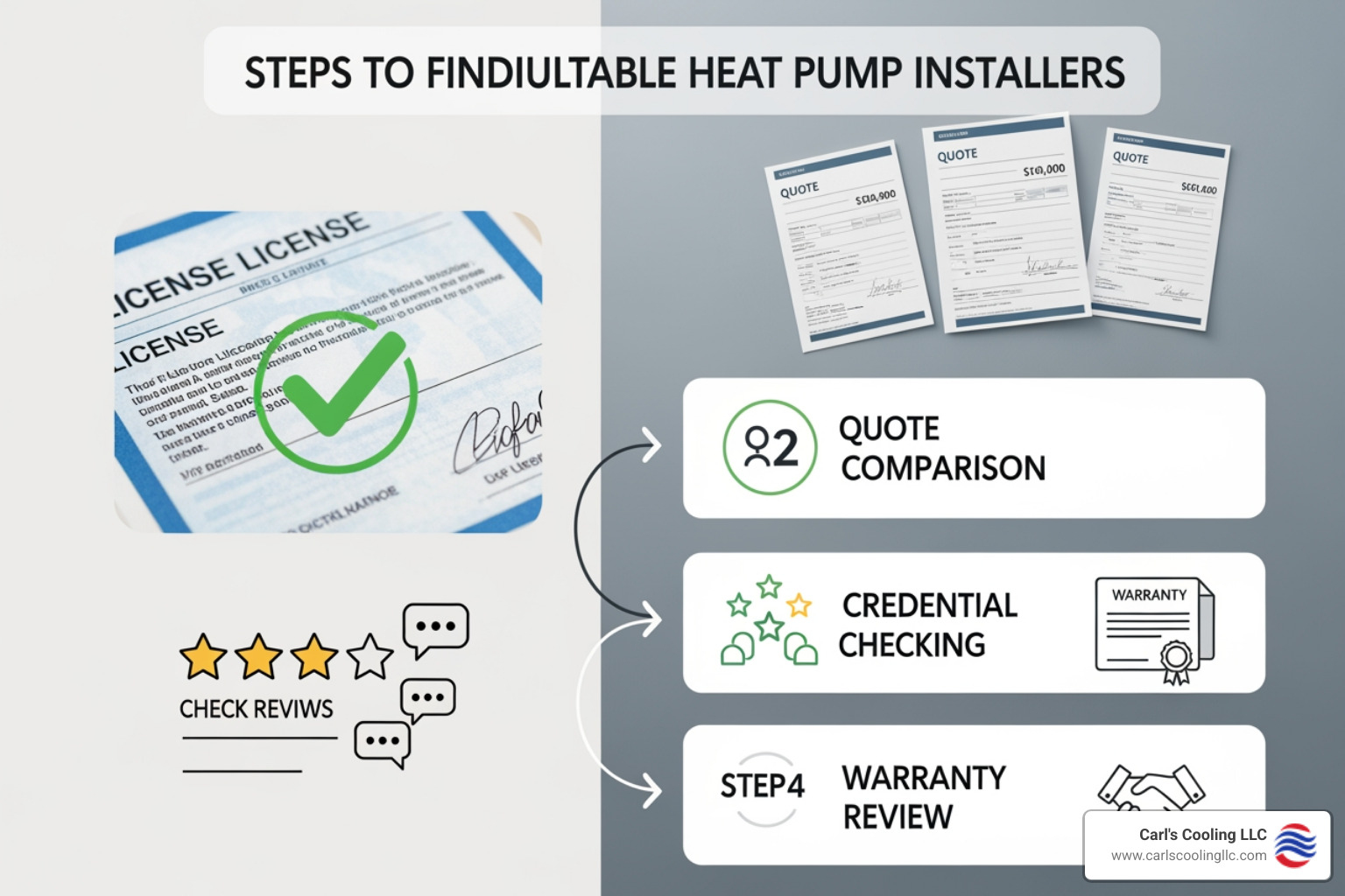 infographic showing steps to find reputable heat pump installers including license verification, quote comparison, credential checking, and warranty review - "I'm looking for quotes from reputable installers for a new heat pump installation in Montgomery, TX."