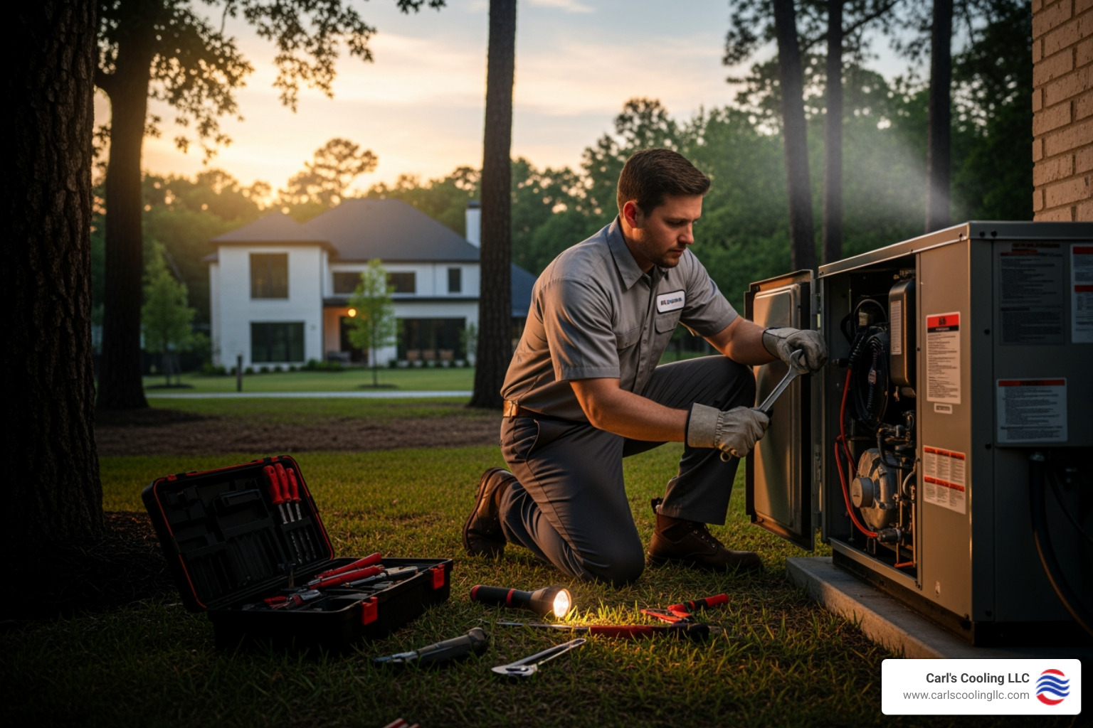 infographic showing top 5 warning signs of heat pump failure including strange noises, no airflow, wrong temperature air, frequent cycling, and spiking energy bills with icons for each - emergency heat pump repair in the woodlands, tx