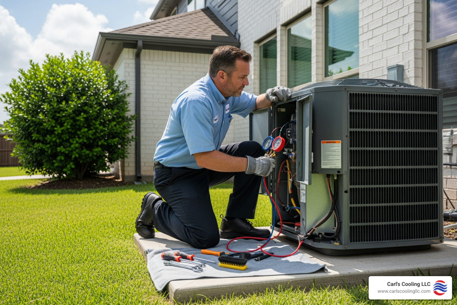 air conditioning technician servicing AC unit in cypress texas home - ac repair company in cypress, tx air conditioning technician servicing AC unit in cypress texas home - ac repair company in cypress, tx