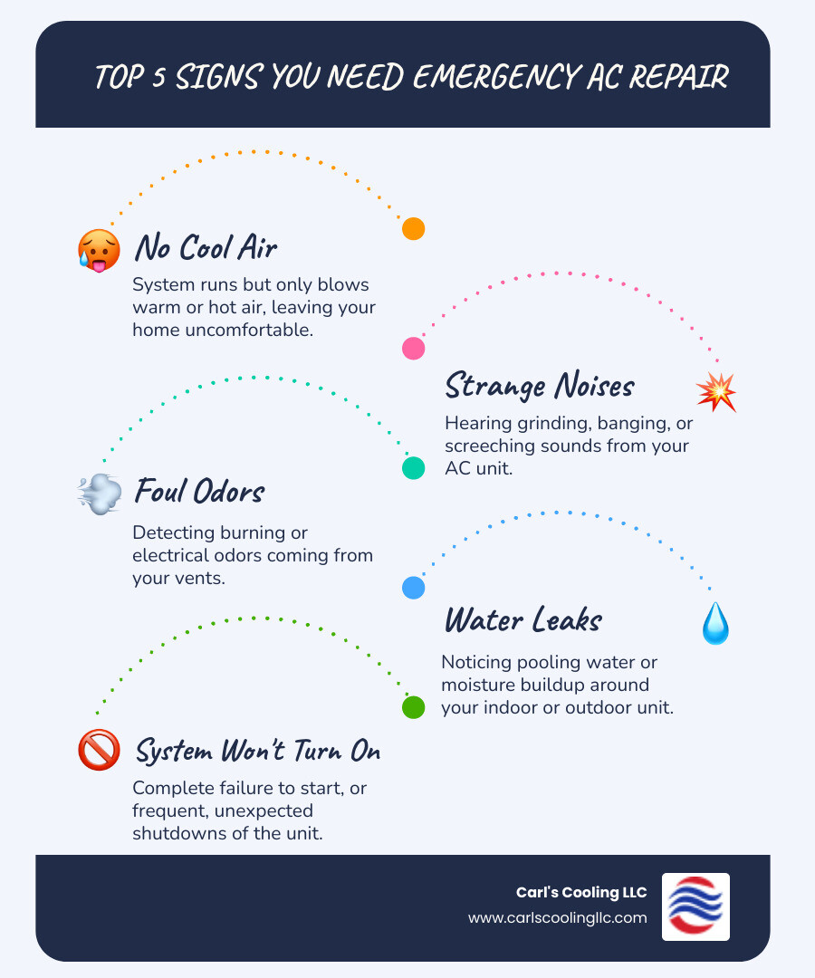 Infographic showing the top 5 signs you need emergency AC repair: 1. No Cool Air - system runs but only blows warm or hot air, 2. Strange Noises - grinding, banging, or screeching sounds from the unit, 3. Foul Odors - burning smells or electrical odors coming from vents, 4. Water Leaks - pooling water or moisture buildup around indoor or outdoor unit, 5. System Won't Turn On - complete failure to start or frequent unexpected shutdowns - emergency ac repair in cape conroe, tx infographic infographic-line-5-steps-blues-accent_colors