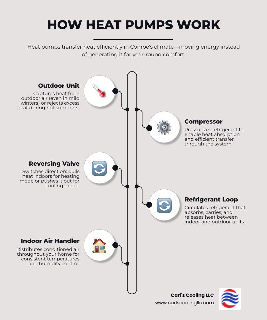 Infographic showing how a residential heat pump works in Conroe TX: arrows indicating heat transfer from outdoor air to indoor air handler in winter heating mode, and reverse flow in summer cooling mode; labeled components including compressor, refrigerant loop, reversing valve, and indoor air handler; energy efficiency comparison bar showing heat pump vs traditional furnace energy use; sidebar listing key benefits: dual heating and cooling, 20-80% energy savings, 10-15 year lifespan, ideal for mild winters and hot humid summers - residential heat pump installation in conroe, tx infographic infographic-line-5-steps-elegant_beige Infographic showing how a residential heat pump works in Conroe TX: arrows indicating heat transfer from outdoor air to indoor air handler in winter heating mode, and reverse flow in summer cooling mode; labeled components including compressor, refrigerant loop, reversing valve, and indoor air handler; energy efficiency comparison bar showing heat pump vs traditional furnace energy use; sidebar listing key benefits: dual heating and cooling, 20-80% energy savings, 10-15 year lifespan, ideal for mild winters and hot humid summers - residential heat pump installation in conroe, tx infographic infographic-line-5-steps-elegant_beige