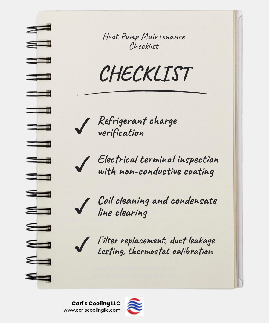 infographic showing annual heat pump maintenance checklist including refrigerant verification, electrical terminal inspection with non-conductive coating, condensate line clearing, coil cleaning, filter replacement, duct leakage testing, and thermostat calibration for The Woodlands climate - best heat pump maintenance in the woodlands, tx infographic checklist-notebook
