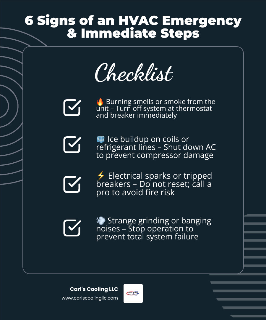 Infographic showing 6 signs of an HVAC emergency and immediate steps for Montgomery County homeowners - emergency hvac