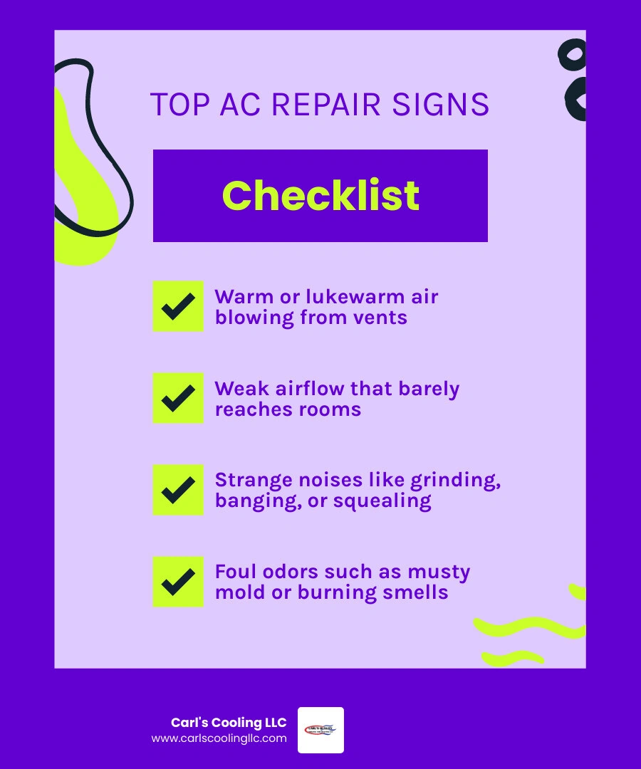 Top 10 signs your AC needs repair — infographic for homeowners - signs your ac needs repair infographic checklist-fun-neon