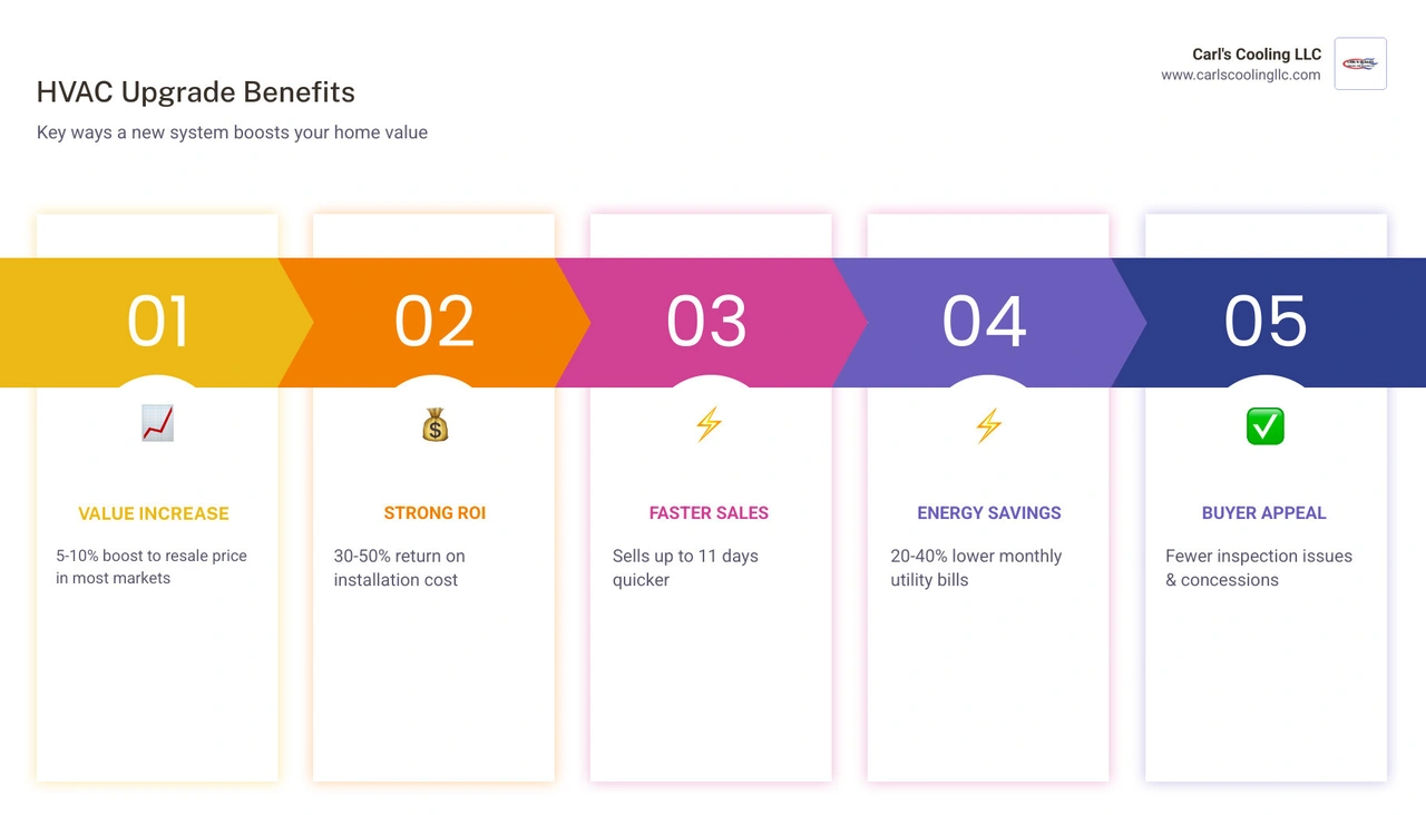 Infographic showing ROI breakdown of HVAC upgrades: 5-10% home value increase, 30-50% ROI, faster sales, and energy savings