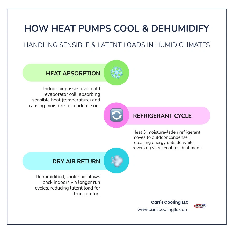 Infographic showing how a heat pump cools and dehumidifies a home in summer including refrigerant cycle latent load and Infographic showing how a heat pump cools and dehumidifies a home in summer including refrigerant cycle latent load and