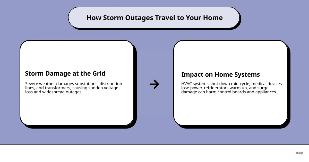 Infographic showing how a storm outage travels from the power grid through distribution lines into home systems including Infographic showing how a storm outage travels from the power grid through distribution lines into home systems including