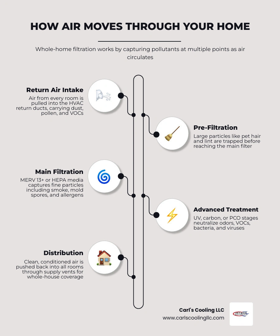Infographic showing how air moves through a home with HVAC filtration layers and purification zones infographic