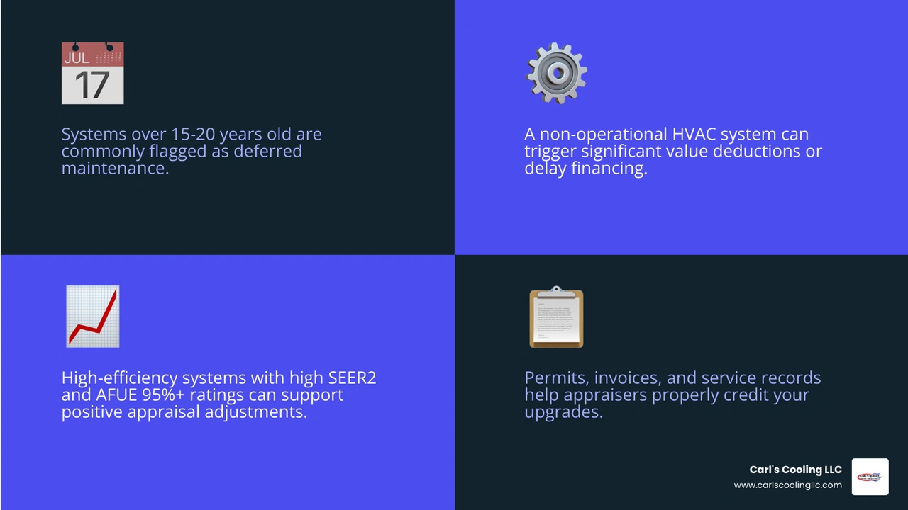 Infographic showing how HVAC condition affects home appraisal value from system age to efficiency ratings to documentation