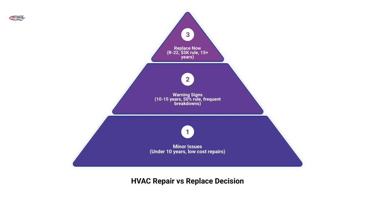 HVAC repair vs replace decision matrix showing age, cost thresholds, and efficiency factors infographic
