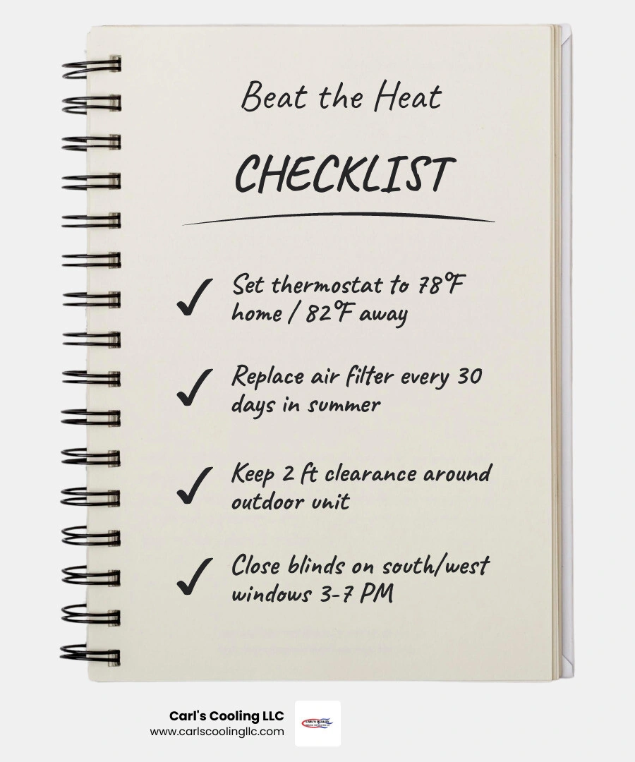 infographic showing how extreme heat affects HVAC performance, thermostat tips, filter maintenance, and cooling load infographic showing how extreme heat affects HVAC performance, thermostat tips, filter maintenance, and cooling load