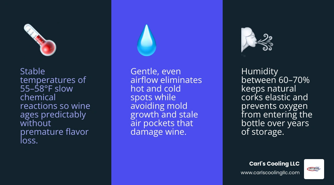 Infographic showing ideal wine cellar conditions: temperature 55-58°F, humidity 60-70%, airflow gentle circulation, light