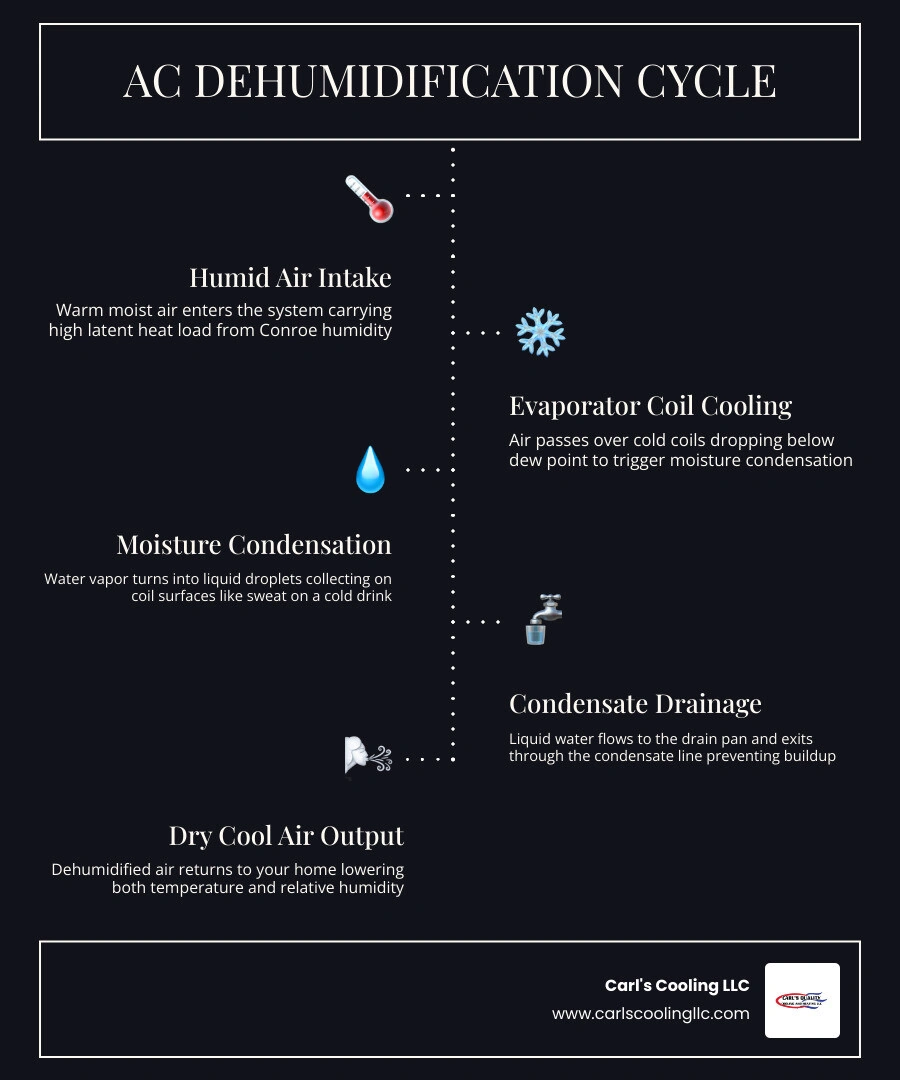 Infographic: AC dehumidification cycle showing humid air intake, moisture condensation on evaporator coils, condensate Infographic: AC dehumidification cycle showing humid air intake, moisture condensation on evaporator coils, condensate
