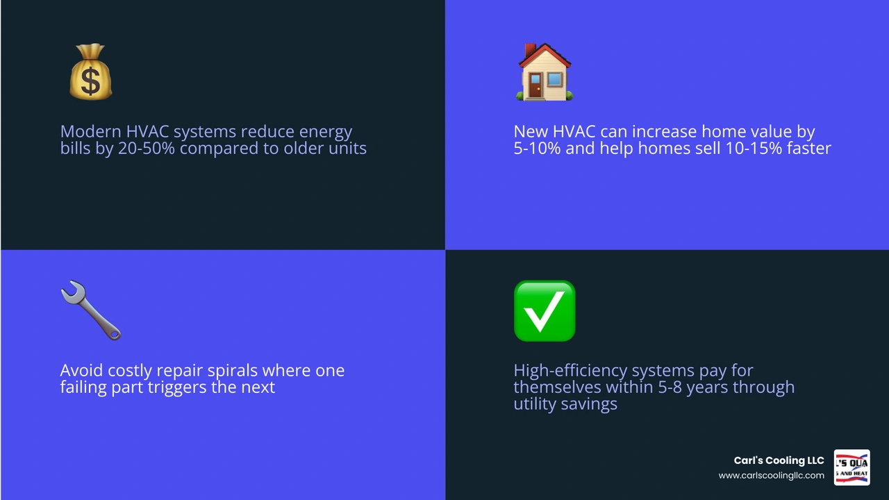 Infographic showing HVAC replacement ROI: energy savings, home value increase, payback period, and safety benefits Infographic showing HVAC replacement ROI: energy savings, home value increase, payback period, and safety benefits