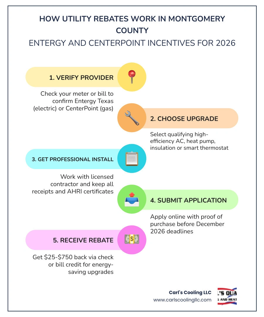 Infographic showing how Entergy and CenterPoint utility rebates work for Montgomery County Texas homeowners in 2026 Infographic showing how Entergy and CenterPoint utility rebates work for Montgomery County Texas homeowners in 2026