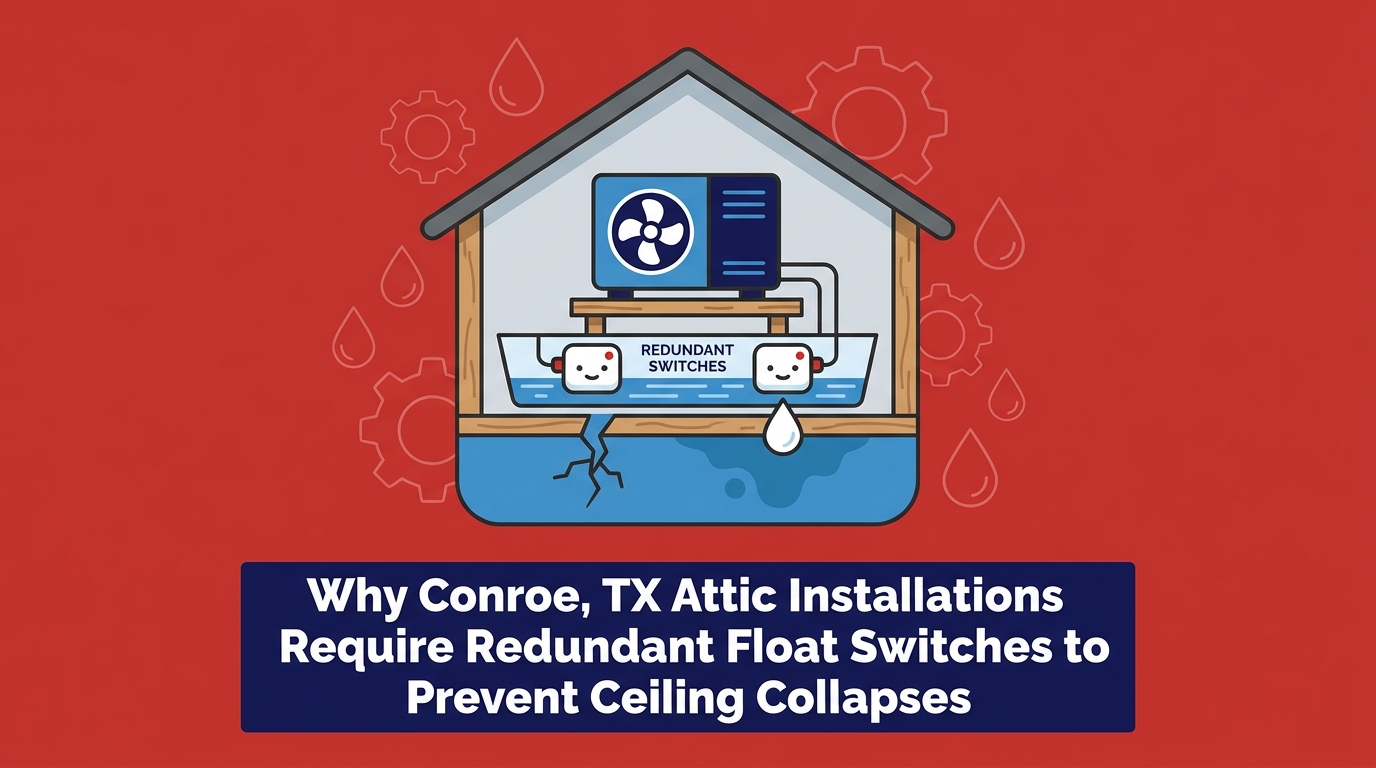 Why Conroe, TX Attic Installations Require Redundant Float Switches to Prevent Ceiling Collapses — featured image
