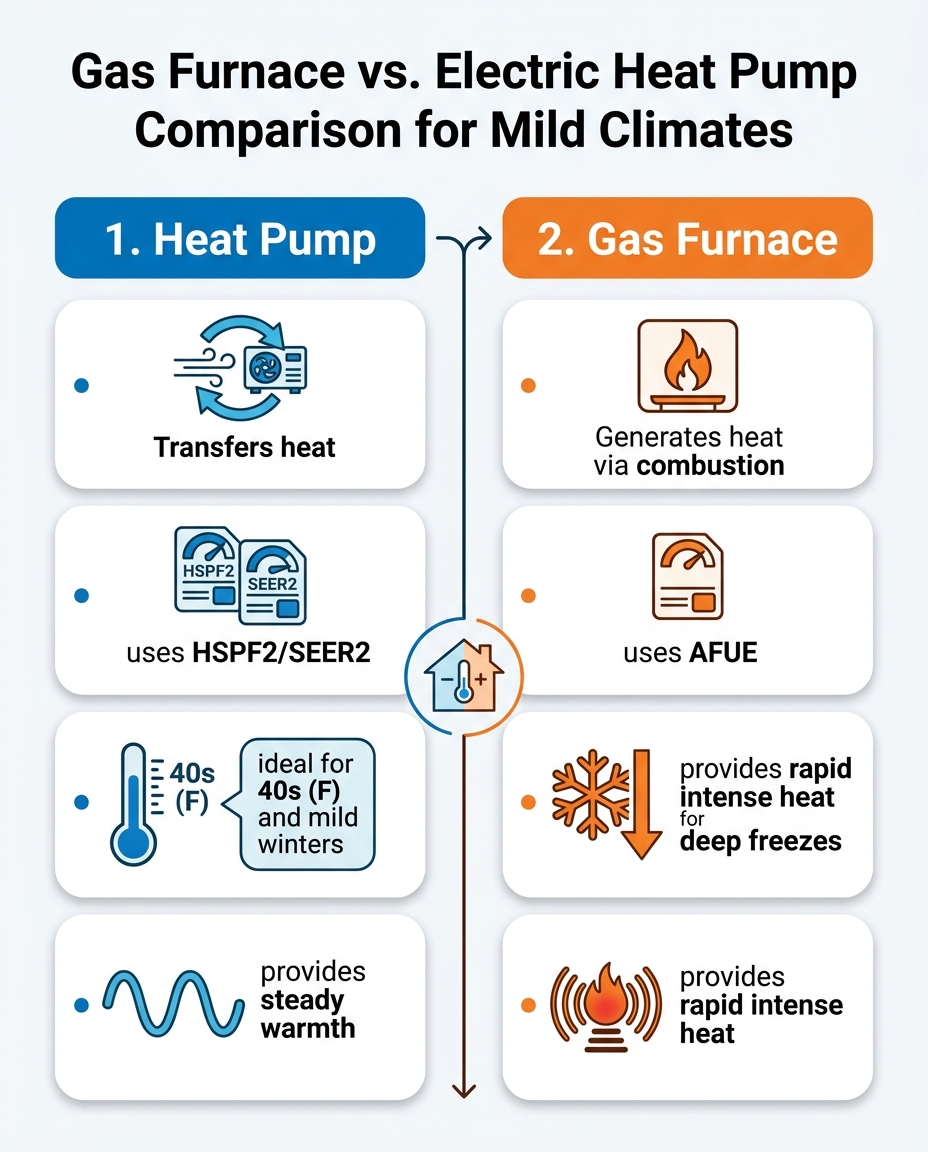 Gas Furnace vs. Electric Heat Pump Comparison for Mild Climates