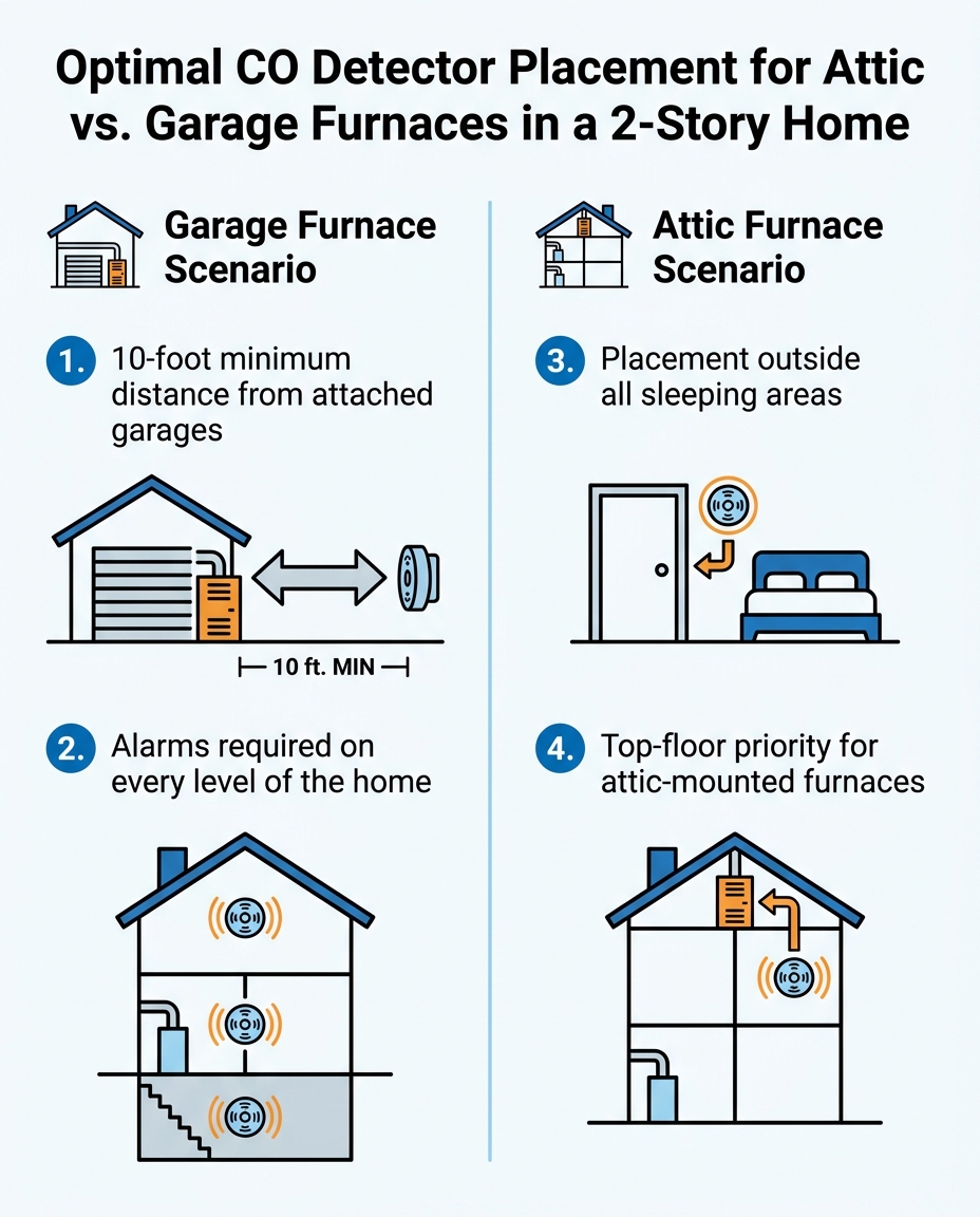 Optimal CO Detector Placement for Attic vs. Garage Furnaces in a 2-Story Home