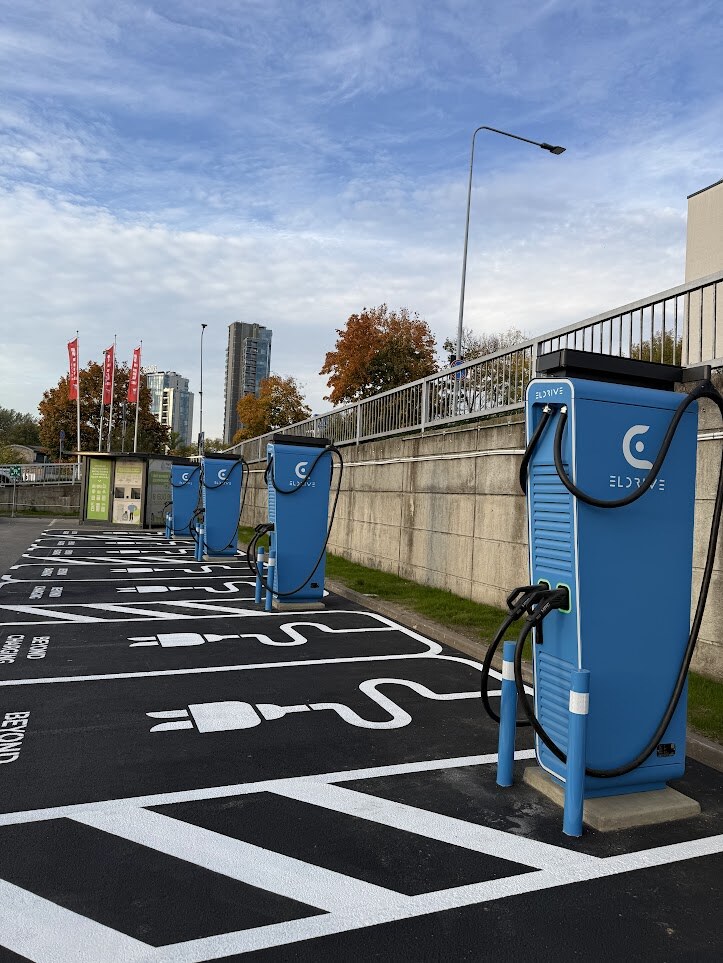 A row of Eldrive fast chargers at Rimi Mylia