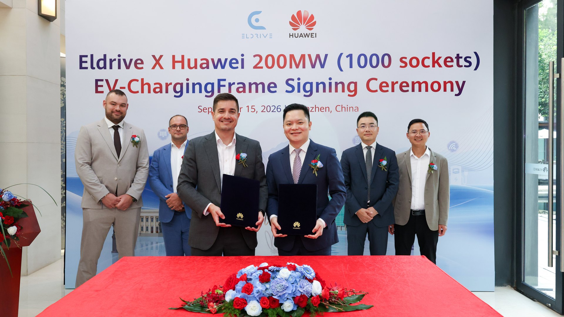 Stefan Spassov, CEO of Eldrive, and Huawei Digital Power representatives with the signed framework agreement in Shenzhen, China