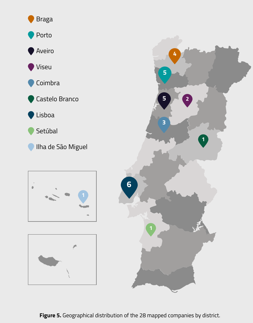 Report page 8: geographical distribution of the 28 mapped companies across Portugal.