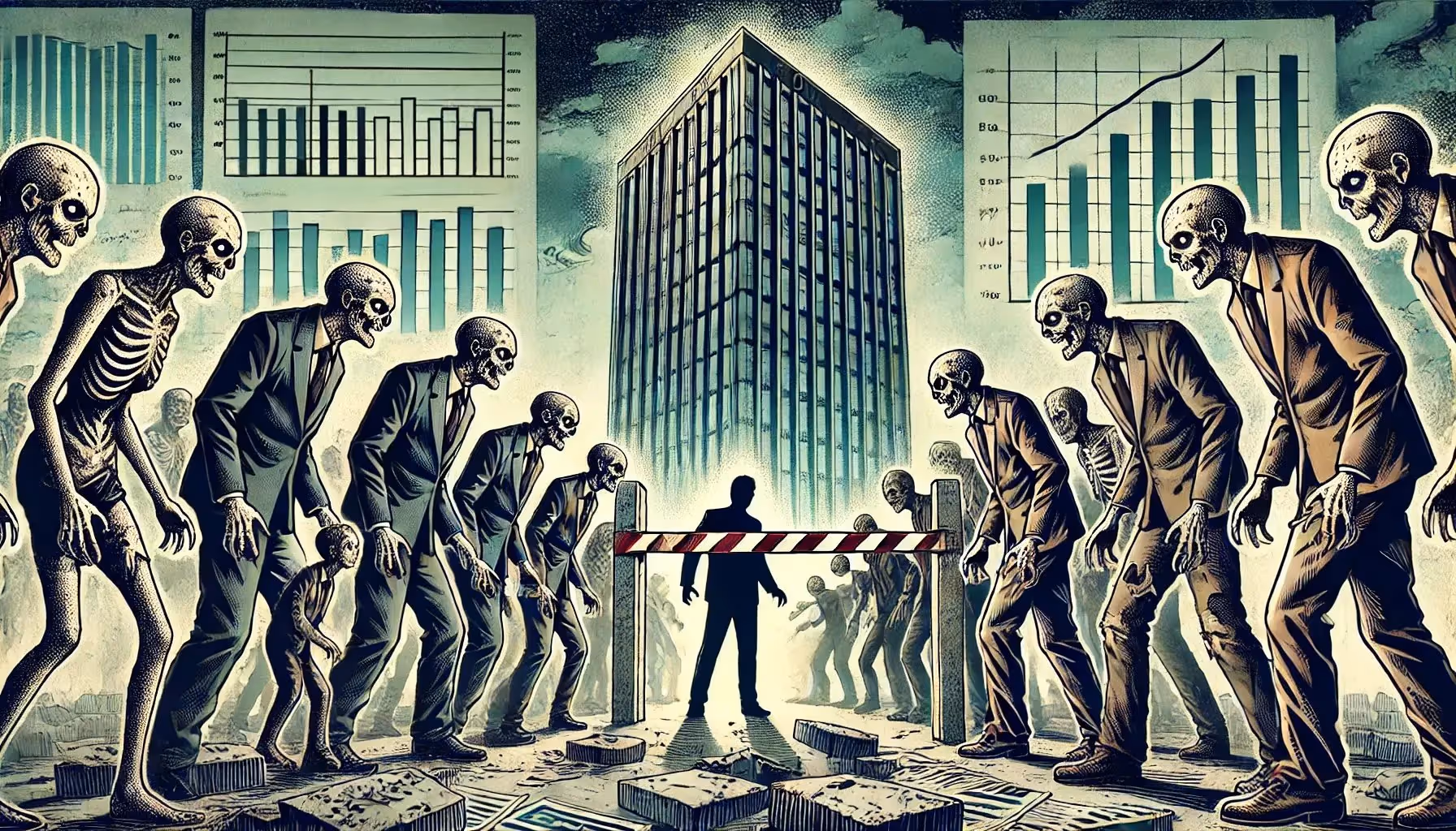 DALL·E 2024-10-28 12.26.25 - A graphic novel-style image depicting the concept of competition denial in an economy. The scene shows zombie-like business figures blocking the path 