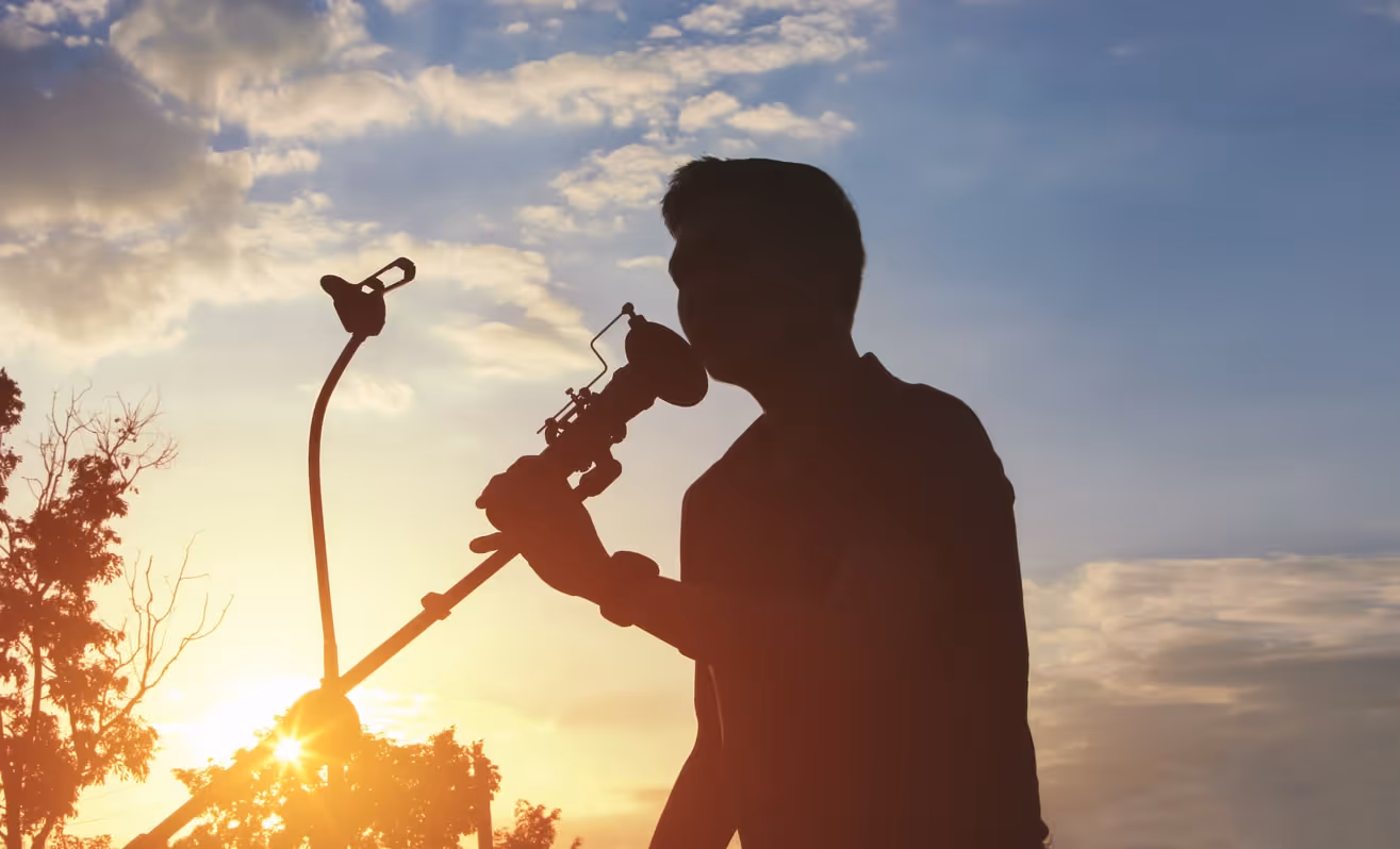 Mann sing an Mikrofon mit Sonneuntergang im Hintergrund