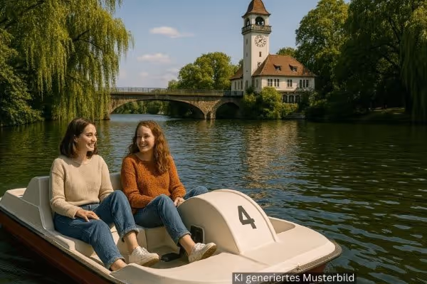 zwei Frauen fahren Tretboot in Treptow