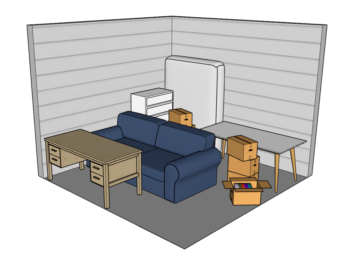 Rending of the inside of a unit with desk, couch, chest of drawers, mattress, table and boxes in it