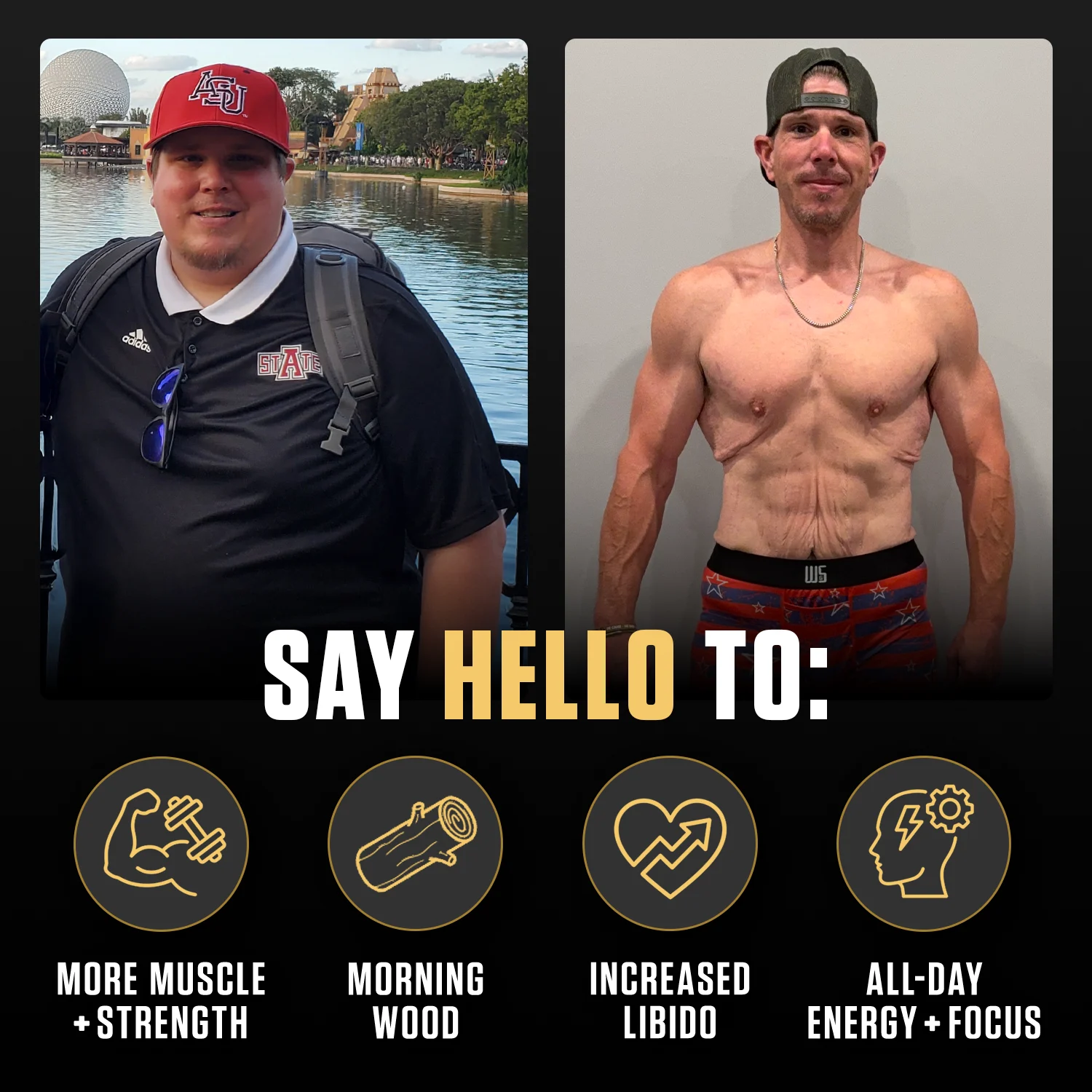 Side-by-side before-and-after photos showing a man’s weight loss and muscle gain transformation.