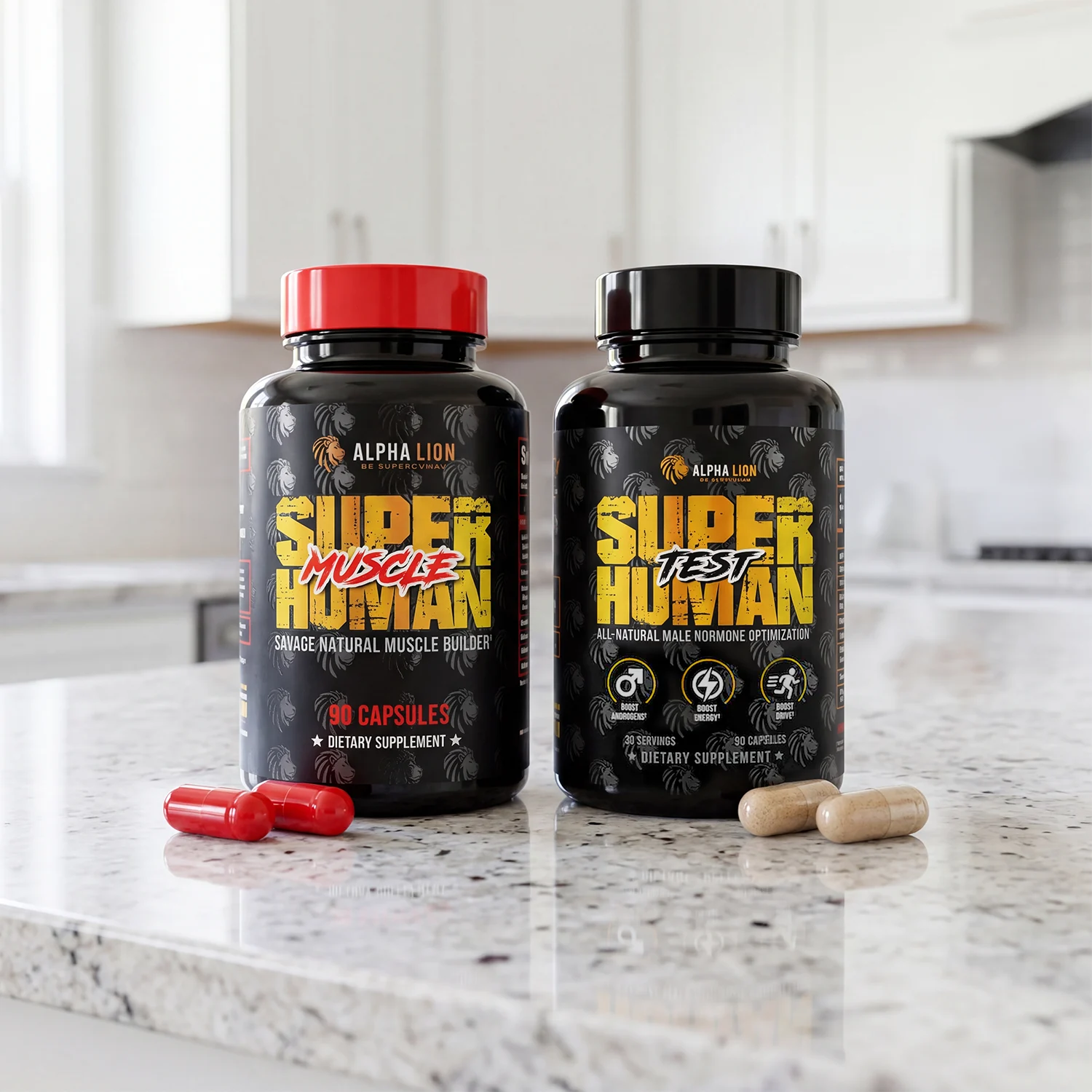 Two Alpha Lion Super Human supplement bottles with red and beige capsules on a granite kitchen countertop.